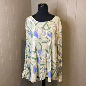 Nine West Women’s Plus 2X Blouse Top Pleated Top Bell Cuffs Abstract Print